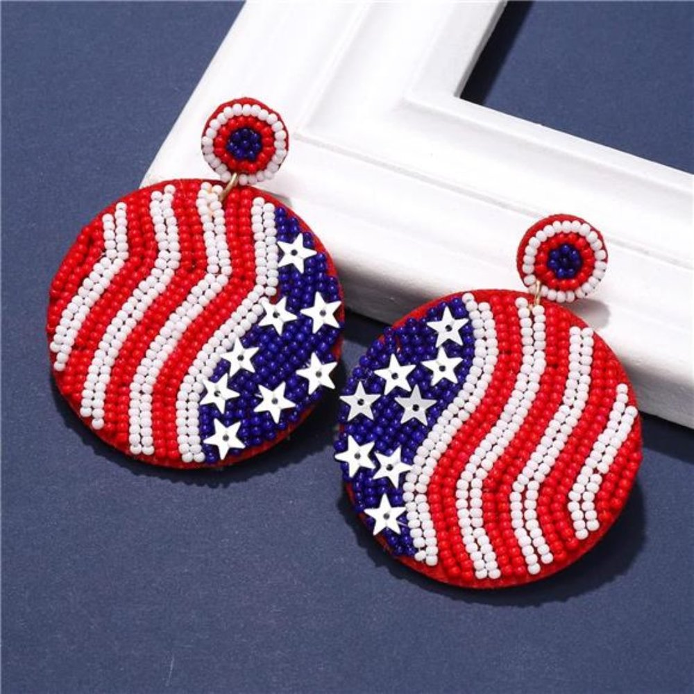 Patriotic 4th of July Earrings Handmade Flag Beaded Drop Earrings Red White Blue - Picture 8 of 8